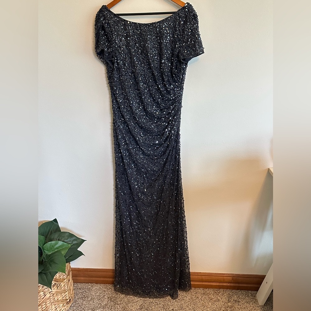 Adrianna Papell Platinum sequin full length formal dress, size 18.